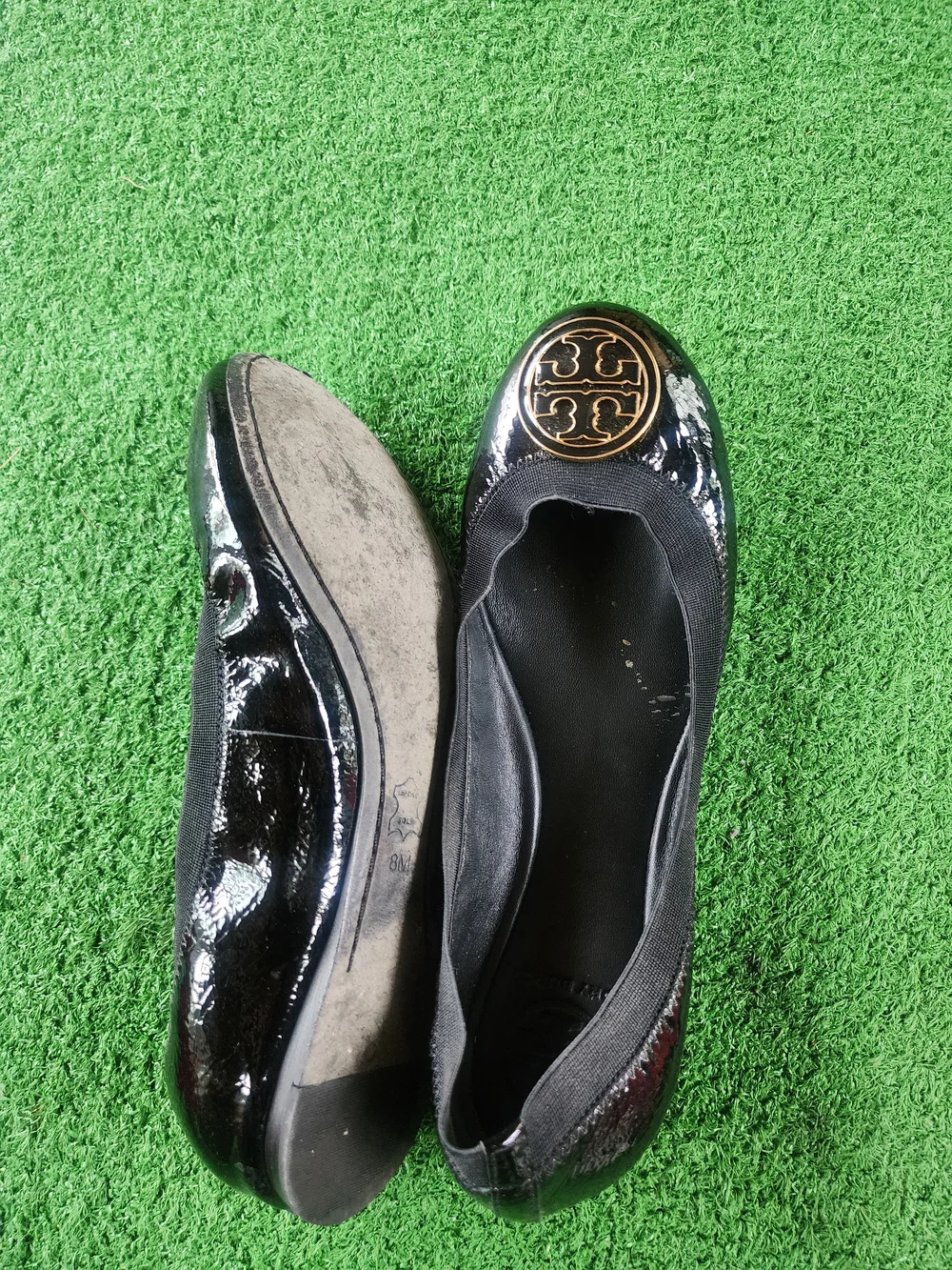 Tory Burch Black Patent Leather Logo Round-Toe Ballet Flats